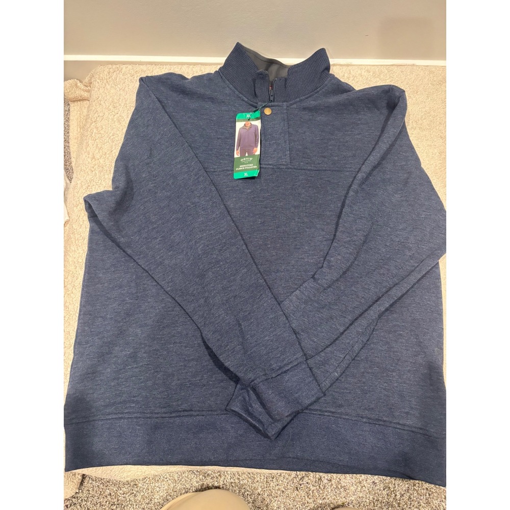 Orvis Signature Fleece Pullover Mens XL Navy Blue Heather Quarter Zip Snap Mock